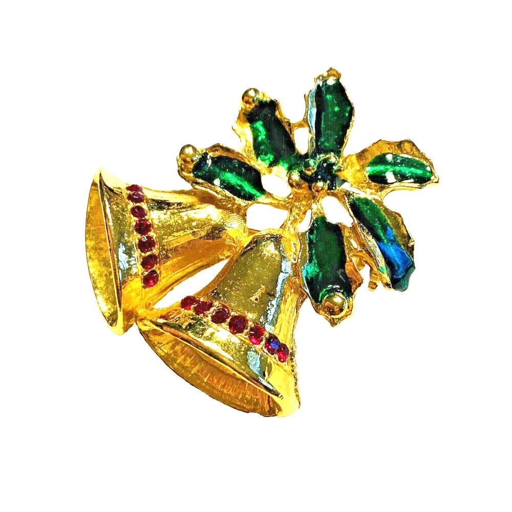 Vintage Christmas Brooch Goldtone Bells Motif Festive Holiday Pin Green Holly